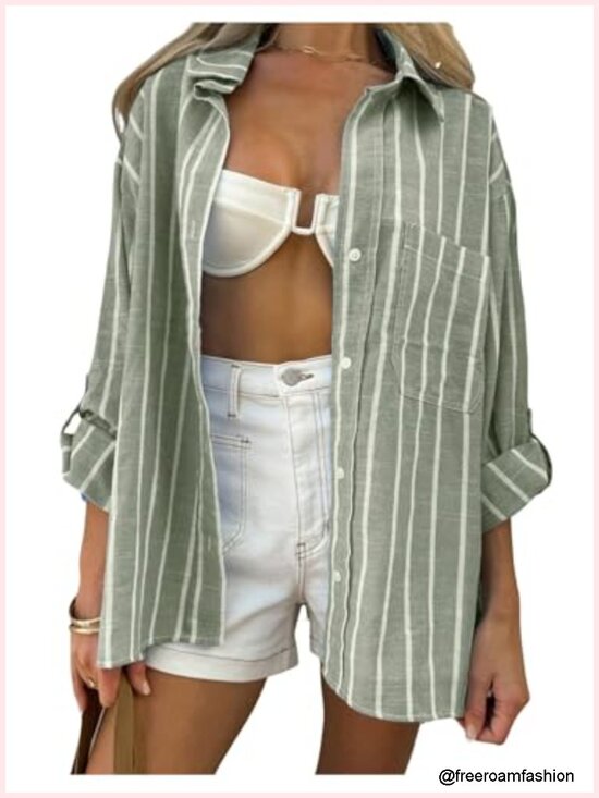 Tops - Oversized Striped Button Down Blouse Long Sleeve Tee Vacation Top